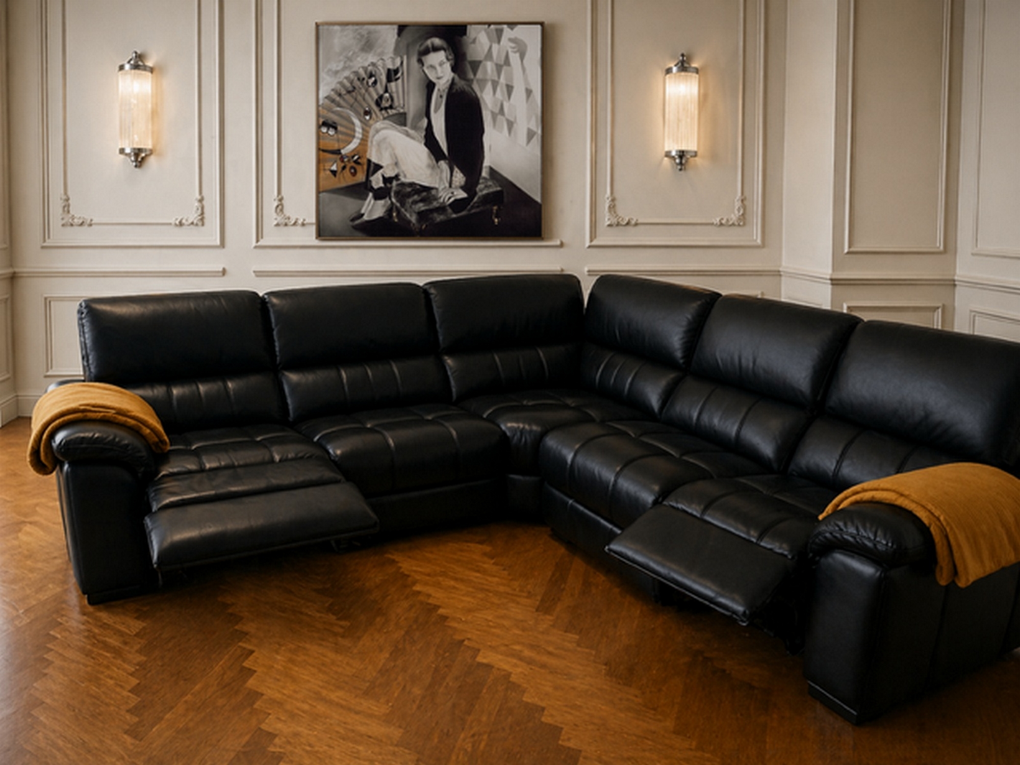 Hifigeny Art Déco Canapé d'angle cuir noir de luxe