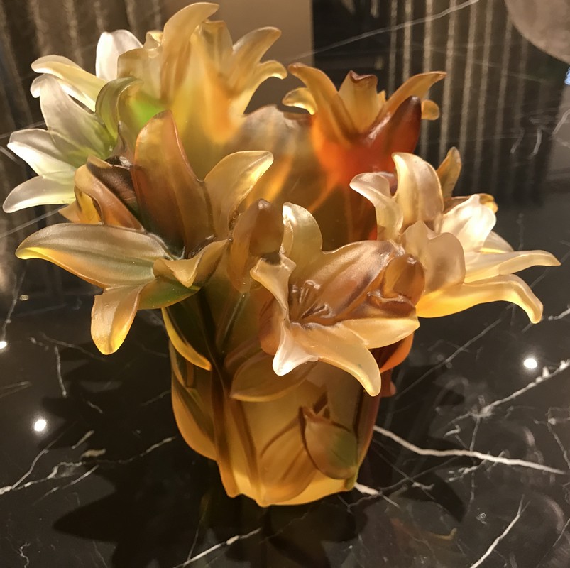 Amber sandblasted crystal vase